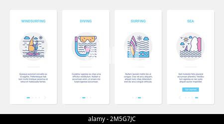 Wasser extreme Sportausrüstung und Symbole Vektor-Illustration. UI, UX Onboarding mobile App Seite Bildschirm mit Linie Windsurfen Surfen im Meer Stock Vektor