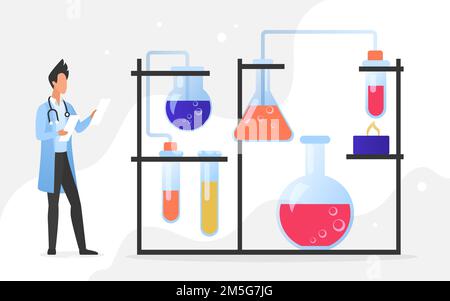 Impfstoffentwicklung im wissenschaftlichen Labor, Medizin Wissenschaft Gesundheitswesen Technologie Vektor Illustration. Cartoon Mann medizinische Arbeiter Charakter entwickeln Stock Vektor