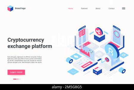 Krypto-Währungs-Plattform isometrische Vektordarstellung. Cartoon 3D digitale Finanzanalyse moderner Kryptowährungs-Finanztechnologie, Fi Stock Vektor