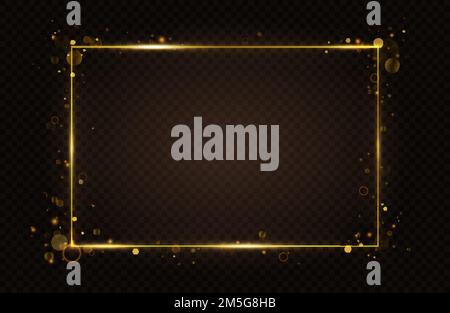 Goldener, leuchtender rechteckiger Rahmen, Vektor-Illustration mit Lichteffekt. Luxuriöse leuchtende goldene Neon-Rahmenlinien mit fliegenden abstrakten funkelnden Blitzen und Lichtern Stock Vektor