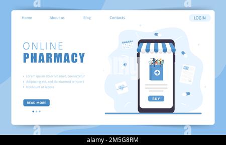 Online-Apotheke-Service. Landing-Page-Vorlage. Kauf von Medikamenten auf dem Bildschirm des Mobiltelefons. Hausgeburt von Medikamenten und Pillen. Gesundheitskonzept Stock Vektor