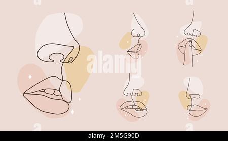Lineare Frauen-Lippen-Kollektion. Permanentes Make-up und Mikroblading. Symbol für Mund und Nase auf farbigen Flecken. Abstraktes minimalistisches weibliches Porträt. Modern Stock Vektor