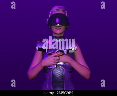 Weibliche avata-Kriegerin, die Brille mit einer Waffe in der Hand, 3D-Rendering Stockfoto