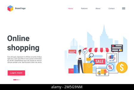 Vektor-Illustration für Online-Shopping-Services. Cartoon Mann Kundenfigur mit Taschen Kauf über Smartphone auf den Verkauf im Online-Shop Store, digi Stock Vektor
