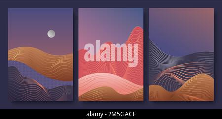 Abstrakte zeitgenössische ästhetische Nachtlandschaft mit Mond Vektor Illustration Set. Trendige Wanddekoration, luxuriöses Art-Deco-Tapetendesign mit Mond Stock Vektor