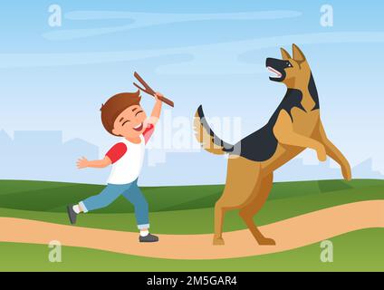 Happy Boy Kind Training, spielen mit Hund Vektor-Illustration. Cartoon lustige Kind und doggy Freund Haustier spielen in der Natur Sommer Park Landschaft, Spaß Zeit Stock Vektor