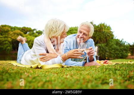 Prost auf uns. Ein Seniorenpaar, das ein Picknick in einem Park genießt. Stockfoto