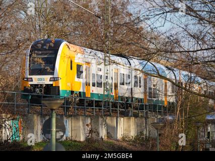 Potsdam, Deutschland. 27. Dezember 2022. Ein Regionalzug der ODEG verkehrt in der Nähe der Neustädter Havelbucht in Richtung Potsdamer Hauptbahnhof und weiter nach Frankfurt (oder). Kredit: Soeren Stache/dpa/Alamy Live News Stockfoto