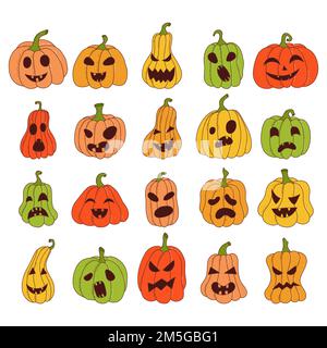 Set von Kürbis in verschiedenen Formen und Farben mit lustigen Gesichtern. Halloween-Elemente. Vektorgrafik im handgezeichneten Stil. Stock Vektor