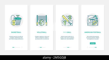 Vektorgrafik Sportausrüstung. UX, UI Onboarding mobile App Seite Bildschirm mit Linienbällen für Basketball Volleyball Rugby american Football BA Stock Vektor