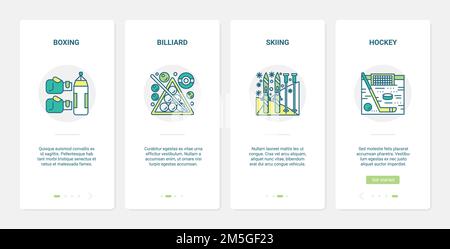 Vektorgrafik Sportausrüstung. UX, UI Onboarding mobile App Seite Screen Set mit Line Sport Handschuhe für Boxen, Bälle für Billard, Ski für Ski Stock Vektor