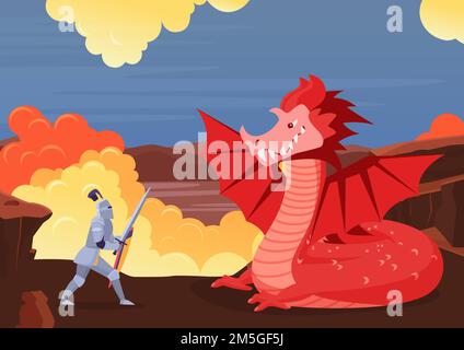 Brave Ritter kämpfen Drachen Vektor-Illustration. Cartoon Märchen Landschaft mit Kampf zwischen Helden Krieger Charakter in Rüstung und Monster dra Stock Vektor