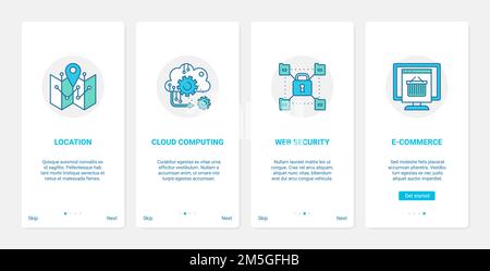 Website eCommerce sichere Internet-Service-Vektor-Illustration. UX, UI Onboarding Mobile App Page Screen Set mit Line Location, Cloud Computing Technolo Stock Vektor