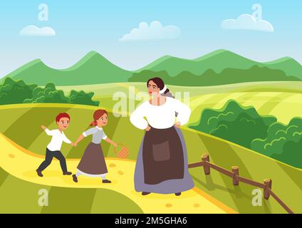 Schöne glückliche Bauernmutter und Kinder, mittelalterliche Bauern Familie Vektor-Illustration. Cartoon Frau Dorfbewohner Figur stehend mit Sohn und Daugh Stock Vektor