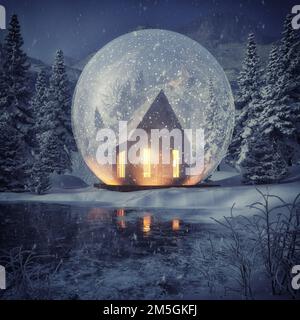 Glühende riesige Schneekugel mit echtem Haus. kreatives 3D-Rendering-Konzept Stockfoto