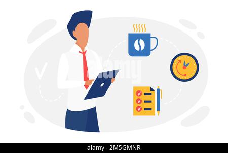 Business People Planning, Zeitmanagement-Konzept-Vektor-Illustration. Cartoon Geschäftsmann Manager Figur hält Tablet, so dass Arbeitsplan mit cof Stock Vektor