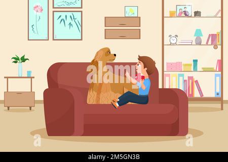 Junge Kind mit Haustier Hund Vektor-Illustration. Cartoon lustiges Kind und doggy Freund Tier sitzen zusammen auf Sofa-Couch im Wohnzimmer Wohnung int Stock Vektor
