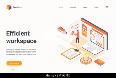 Effizientes Arbeitsplatzmanagement – isometrische Vektordarstellung. Karikatur 3D Arbeitsplatz Business-Optimierung, Workflow-Prozess-Effizienz mit winzigen verwalten Stock Vektor