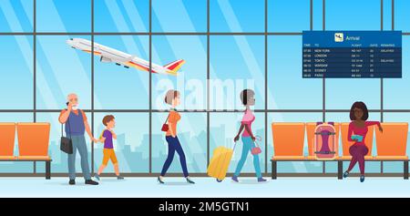 Personen Passagiere in internationalen Abflug Flughafen Terminal Innenraum Vektor-Illustration. Cartoon Familie touristischen Figuren zu Fuß, im Gespräch mit phon Stock Vektor