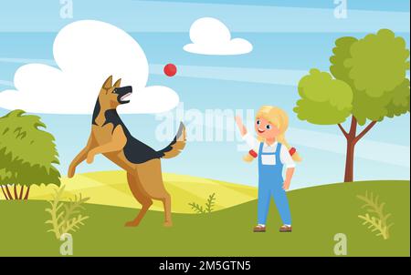 Glückliches Mädchen spielen Spaß Spiel mit Hund auf Spielplatz oder Sommer Naturpark Vektor-Illustration. Cartoon niedlich Kind Charakter Ausbildung Hund Haustier im Freien, ein Stock Vektor