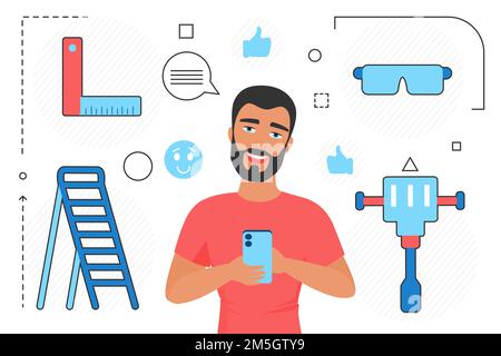 Hausreparaturdienst, Mann Kundencharakter und Bauwerkzeuge Linie Symbole auf weiß isoliert Stock Vektor