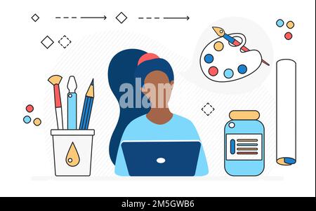 Professionelle Künstler Arbeit Prozess und Werkzeuge, Kunst Studio Agentur Vektor Illustration. Cartoon-Designer freiberuflichen Charakter mit Objekten zu zeichnen kreativ Stock Vektor