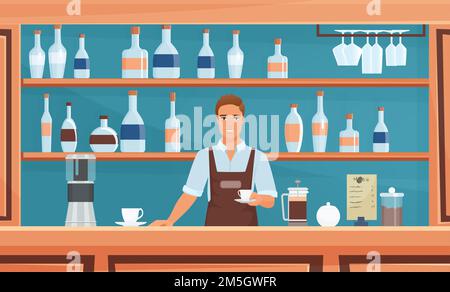 Café-, Coffeeshop-Bar- oder Restaurantbetrieb mit Vektorgrafik des Barista-Personals. Cartoon Hipster Figur in Schürze hält Kaffeetasse, stehend in Stock Vektor