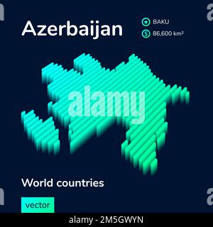 Aserbaidschan 3D Karte. Stilisierte Neon-Digitalvektorkarte mit isometrischem Streifenmuster Aserbaidschan ist in Grün und Mintfarben auf dunkelblauem Hintergrund dargestellt Stock Vektor