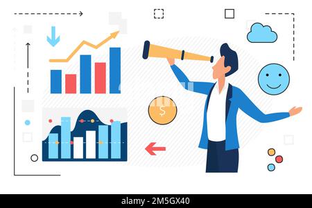 Business Analytics-Prozess, Vektorgrafik Finanzstrategie. Cartoon Geschäftsmann freuen sich durch Teleskop Spyglass isoliert auf weiß Stock Vektor