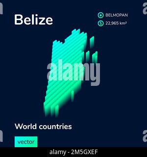 Belize 3D Karte. Stilisierte, isometrische Neonvektorkarte von Belize in Grün und Mint auf dunkelblauem Hintergrund Stock Vektor