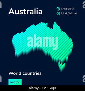 Stilisierte, gestreifte, isometrische Neonvektorkarte Australien 3D. Die Karte Australiens ist in Grün und Mintgrün auf dunkelblauem Hintergrund gehalten Stock Vektor