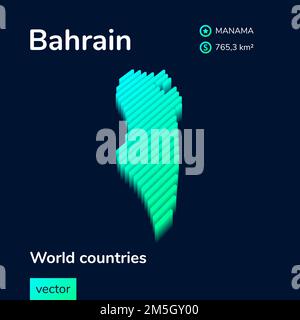 Karte Bahrain 3D. Isometrische Vektorkarte von Bahrain mit stilisierten Neonstreifen in Grün und Mint auf dunkelblauem Hintergrund Stock Vektor