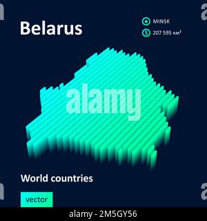 Karte von Belarus 3D. Stilisierte, gestreifte Neonfarben, digitale isometrische Vektorkarte von Weißrussland in Grün und Mint auf dunkelblauem Hintergrund Stock Vektor