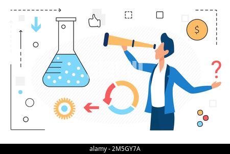 Science Experiment Prozess, Mann Charakter mit Spyglass-Teleskop und Forschung Ikonen. Stock Vektor