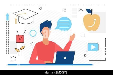 Fernunterricht moderne Technologie Vektor-Illustration. Cartoon Mann Student Graduate Charakter online studieren, sitzen mit Laptop, Abschlusshut, Stock Vektor