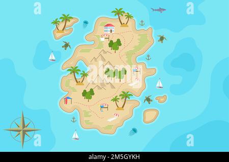 Pirate Fantasy Cartoon Insel Karte. Vector Treasure Island Stock Vektor