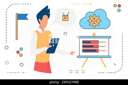 Businessman Analyst arbeitet an der Geschäftsentwicklung in der Datenanalyse Dashboard Bericht Vektor Illustration. Cartoon-Optimierung, Finanzforschung Serv Stock Vektor