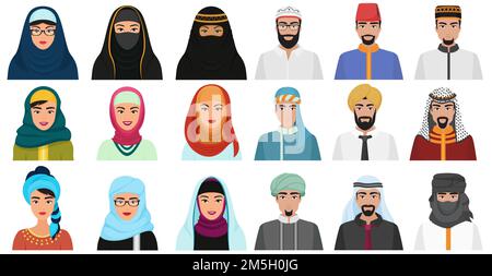 Islam Cartoon Menschen Ikonen. Arabisch muslim Avatare muslim Gesicht Köpfe von männlich und weiblich Stock Vektor