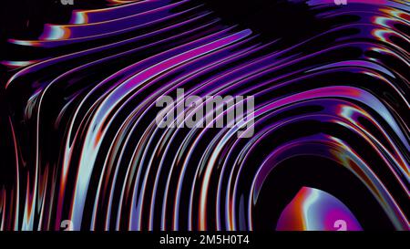 Fließender violetter 3D-Metallhintergrund. Holographischer Folientextur Flüssighintergrund. Neonlila lebendige, farbenfrohe, lebendige Illustration. 3D-Rendering mit glatter Verwirbelung. Stockfoto