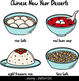CNY-Feier, chinesische Neujahrsdesserts, Vektorgrafik im Doodle-Stil. Stock Vektor