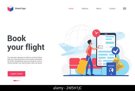 Landing-Page-Website-Design, Cartoon-Reisenden Charakter Buchung Online-Flugtickets, mit mobilen Smartphone-App für die Registrierung. Geschäftsreisen Stock Vektor