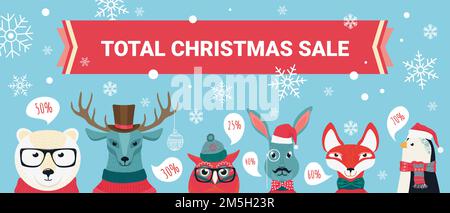 Weihnachten Verkauf Vektor Illustration. Cartoon Waldtier feiert Weihnachten, Winterferien Saison mit Rabatt-Angebot im Shop, Gutschein-Promotion Stock Vektor