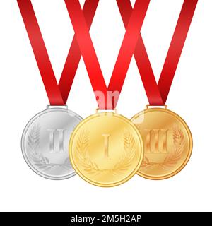 Goldmedaille. Silbermedaille. Bronzemedaille. Medaillen auf dem weißen Hintergrund Vektor-Illustration isoliert gesetzt Stock Vektor