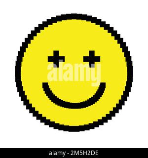 Lächelndes, pixeliges Emoticon-Symbol. Rund und fröhlich Stock Vektor