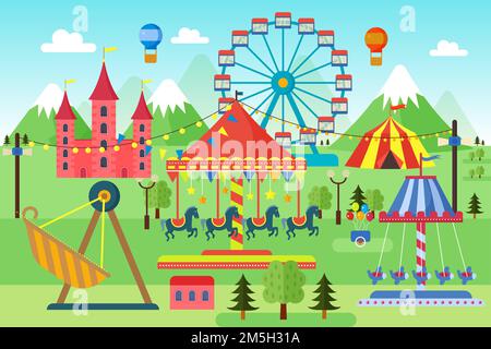 Vergnügungspark mit Karussells, Achterbahn und Luftballons. Comic Zirkus, Spaß fair. Cartoon Karneval Thema Landschaft Vektor Illustration Stock Vektor