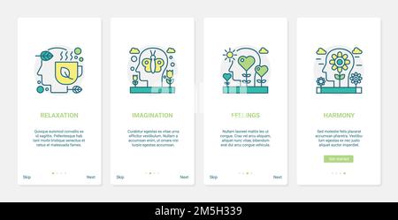 Das menschliche Gehirn verarbeitet Entspannung und Gefühle Vektordarstellung. UX, UI Onboarding mobile App Seite Bildschirm kreativen Satz mit Linie emotionale Intelligenz Stock Vektor