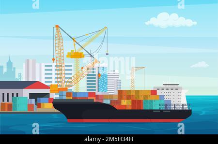Logistik LKW und Transport Containerschiff. Cargo Hafen mit Industriekranen. Vektorgrafik Versandhof Stock Vektor