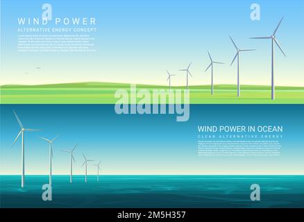 Energie Horizontale Konzept Hintergründe mit Windturbinen in grünen Wiese Feld und Meer Stock Vektor