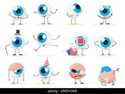 Cartoon nette lustige Augenball Emoticon Charakter Emotionen Posen gesetzt Stock Vektor