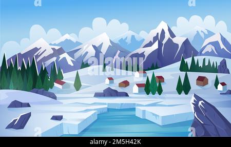 Winter See flache Vektorgrafik. Ländliche Landschaft, Landschaft, Hochland, Bergdorf, Seenhäuser, Kleine Hütten. Wintertag, kaltes Wetter, Stock Vektor